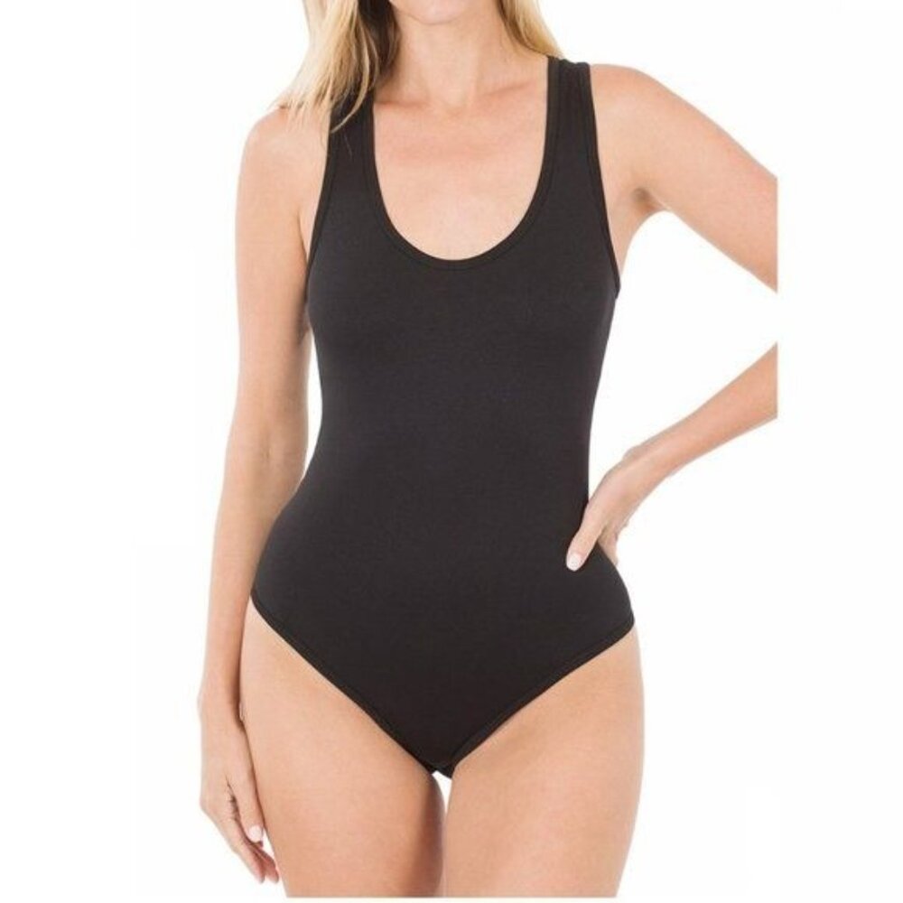 Zenana Racerback Scoop Neck Snap Bottom Basic Tank Top Leotard Bodysuit Black - Picture 1 of 7